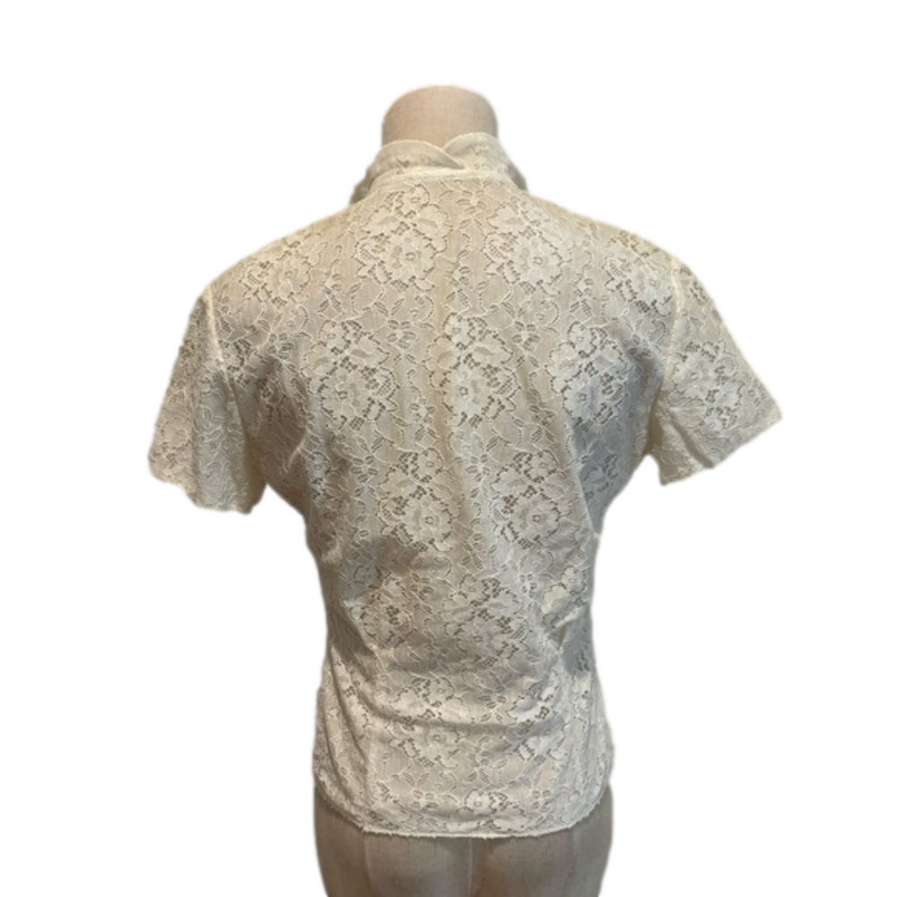 50s CREAM LACE SHORT SLEEVE BLOUSE COQUETTE FITTED SCALLOPED EDGE MCM SZ S - Picture 5 of 10